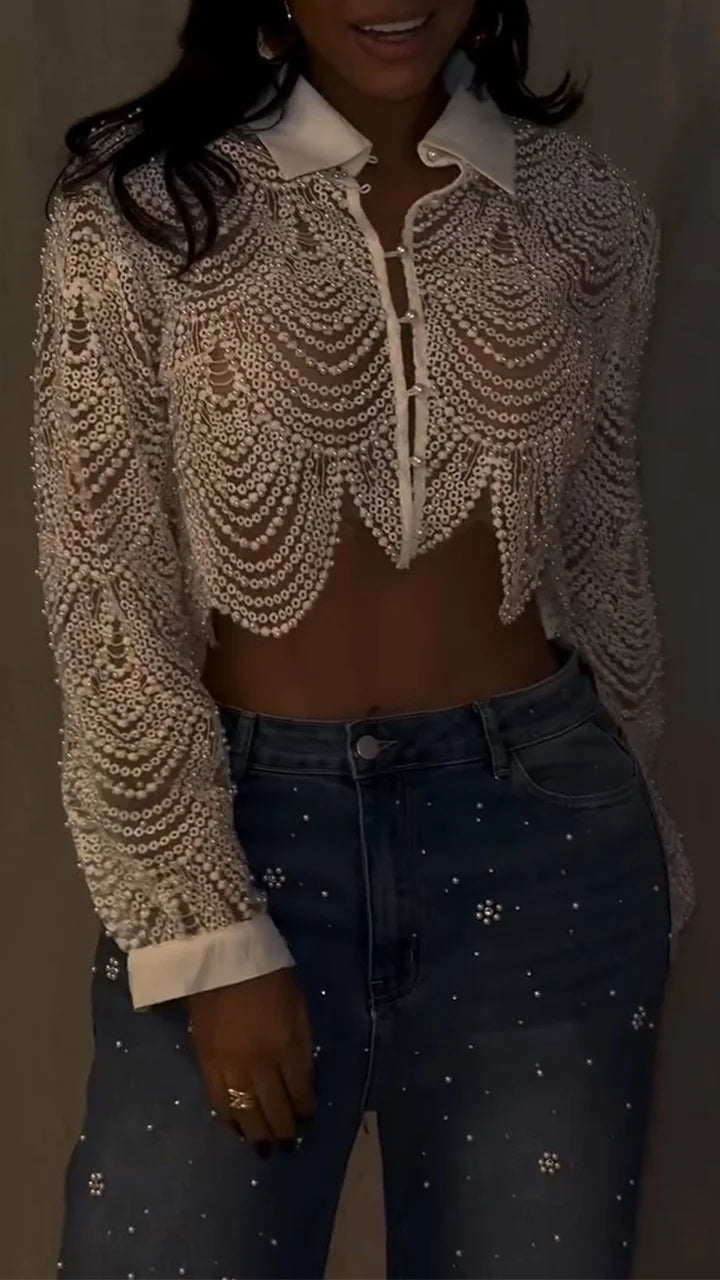 Conjunto Top de Perlas y Vaqueros